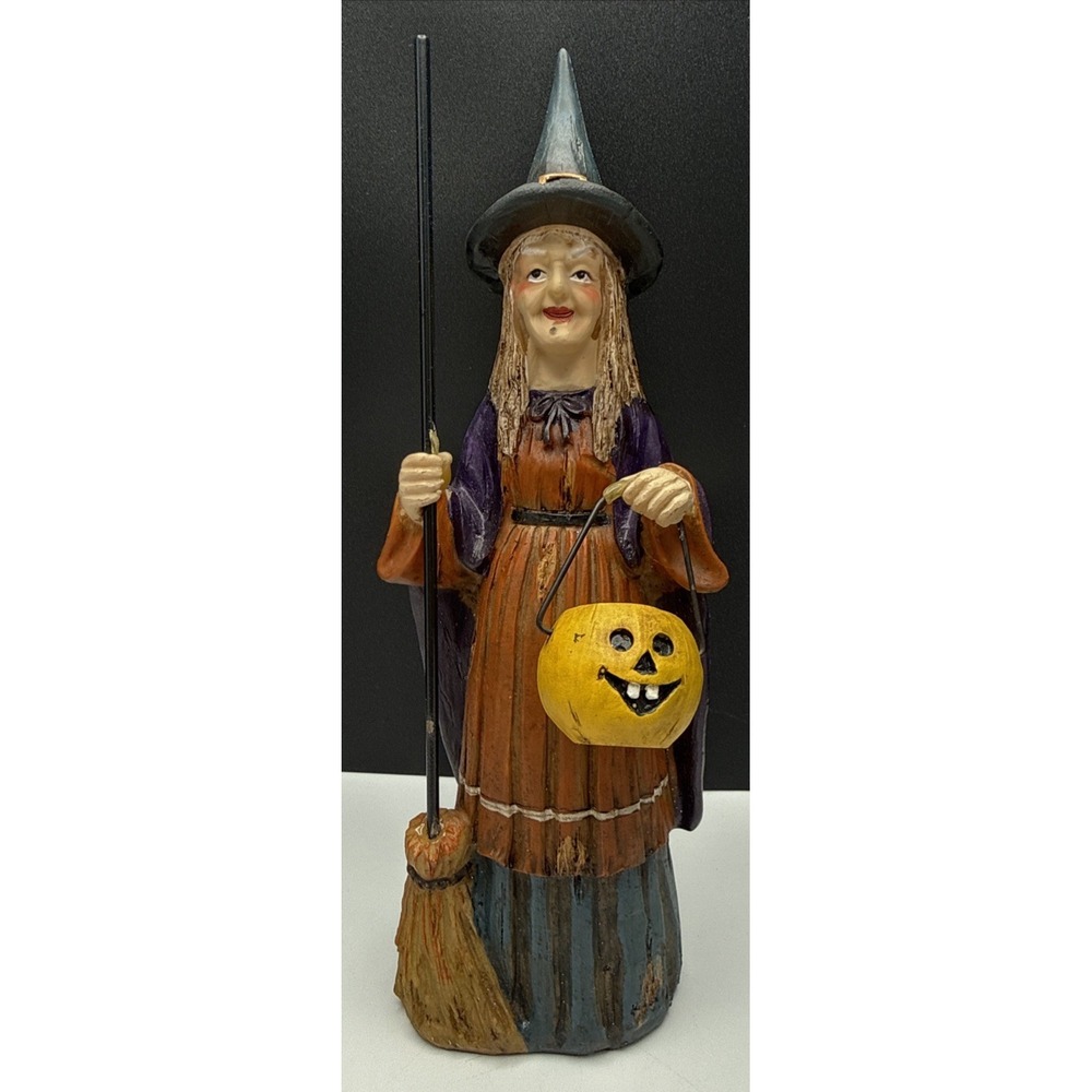 Vintage Holiday Home Resin Witch Figurine 8.75" Halloween Folk Art Decor Broom